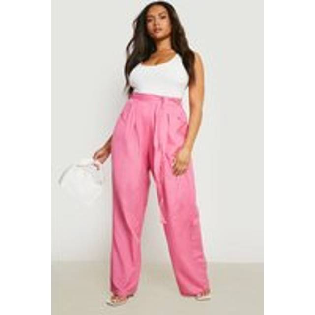 Womens Plus Linen Look Belted Wide Leg Trouser - Pink - 22, Pink