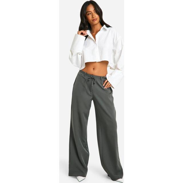 Womens Petite Low Waist Belt Detail Wide Leg Trousers - Grey - 16, Grey