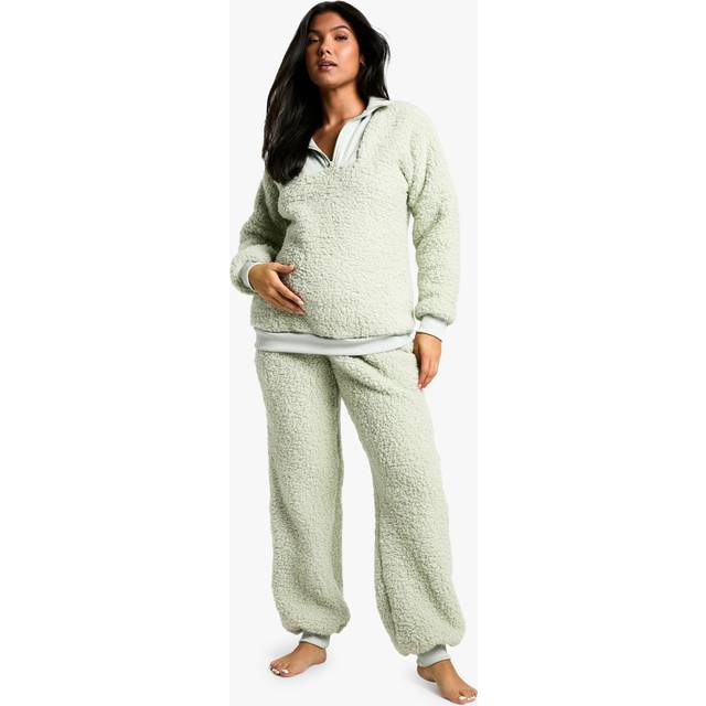 Womens Maternity Rib Fleece Half Zip And Jogger Lounge Set - Green - 8