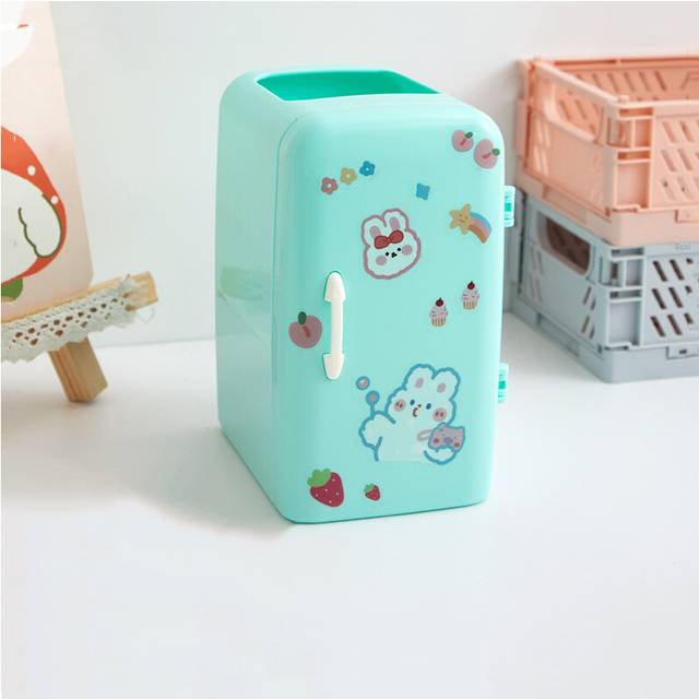 (Green A) Cute Mini Fridge Pen Holder With Sticker Kawaii Plastic Creative Desk