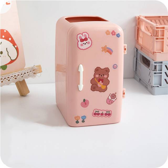 (Pink A) Cute Mini Fridge Pen Holder With Sticker Kawaii Plastic Creative Desk