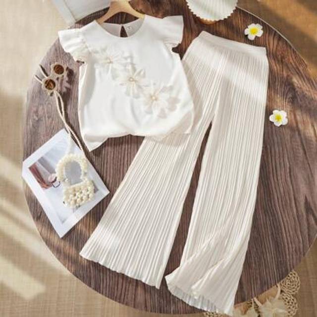 SHEIN Floral Applique Sleeveless Top And Floral Decorated Elastic Waist Pleated Pants Set, Elegant & Casual For Teens, Suitable For Spring Outings, Travel,