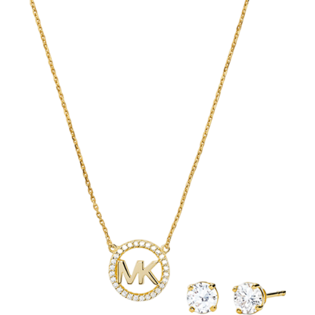 Michael Kors Logo Charm Necklace and Stud Earrings Set - Gold/Transparent