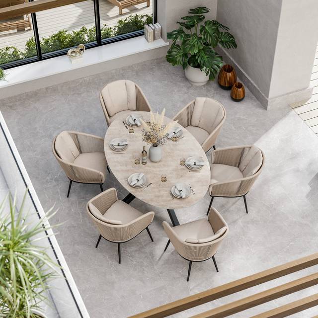 Royalcraft BALI 200cm Oval Ceramic Table with 6 Bali Rope Chairs