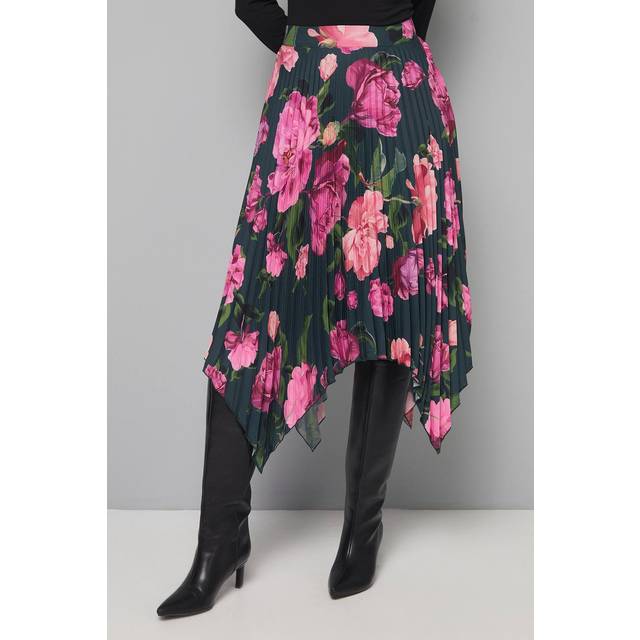 Womens Petite Floral Pleated Hanky Hem Midi Skirt - Green - 10
