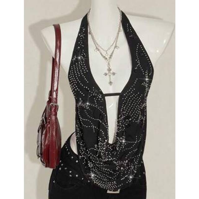 SHEIN Women&#39;s Black Chiffon Beaded Embroidery Plunge Draped Neck Backless Halter Vacation Tank Top