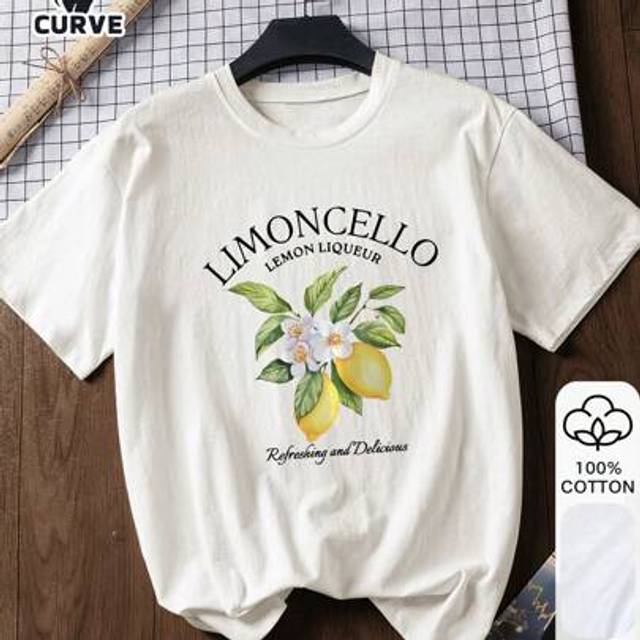 SHEIN Lemon Print Plus Size Women&#39;s 100% Cotton Short Sleeve, Summer T-Shirt, Casual Women Outfits, White Top, Graphic T-Shirt, Cotton T-Shirt