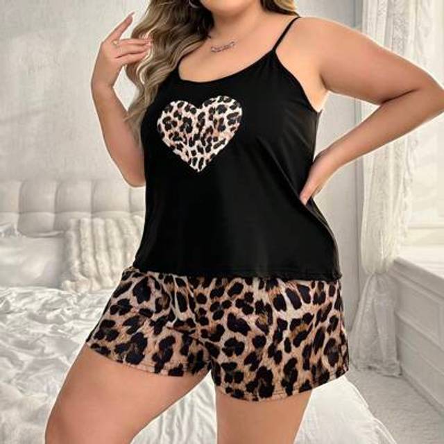 SHEIN Leopard Print Plus Size Cami & Shorts Pajama Set