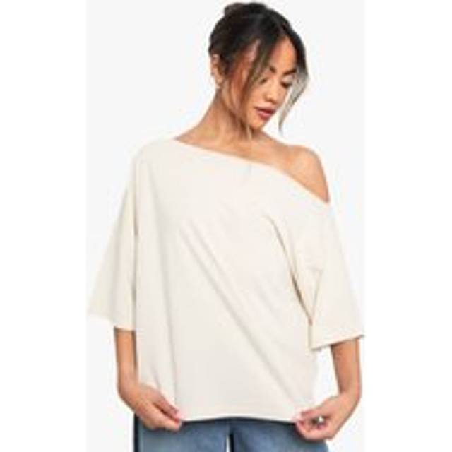 Womens Off The Shoulder Oversized T-Shirt - Beige - 12, Beige