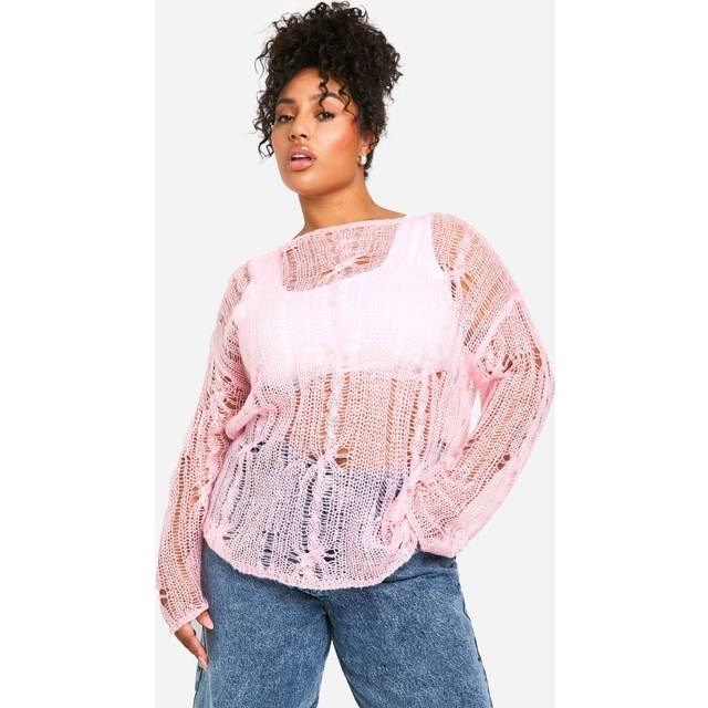 Womens Plus Cable Detail Sheer Oversized Jumper - Pink - 16-18, Pink