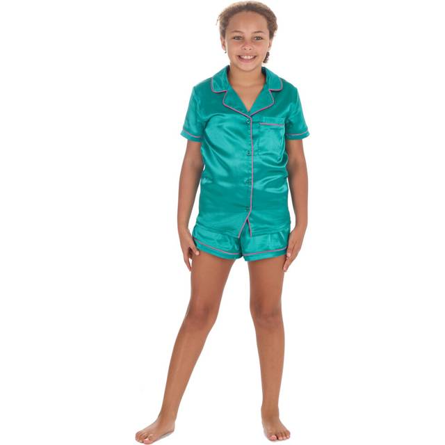 (Green, 13 Years) Kids Girls Silky Satin Pyjama Set Luxury 2-Piece Pjs Short Sleeved Pyjamas Sizes 9-13 Years