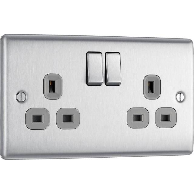 BG Nexus Metal Brushed Steel Double Switched 13A Power Socket - Grey Insert - NBS22G