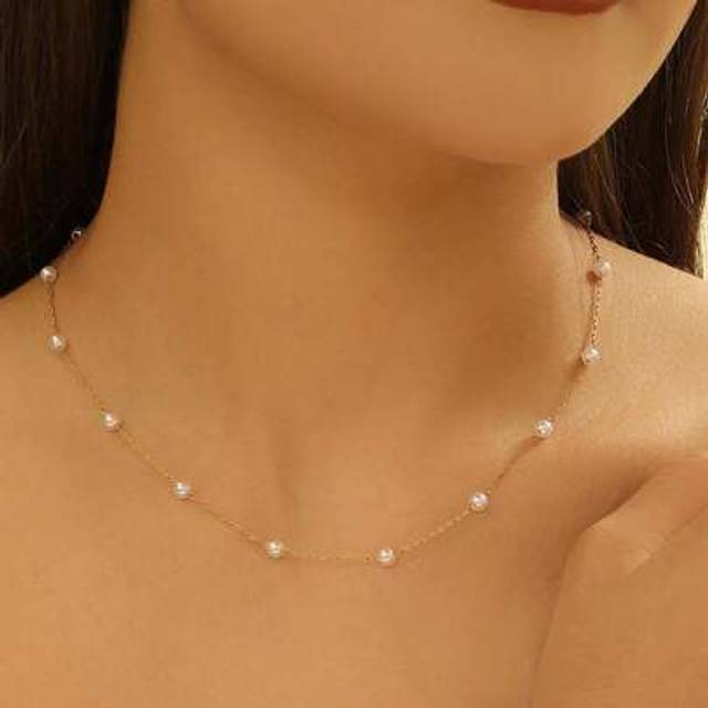 SHEIN 2pcs/Set Gold Stainless Steel Plated Real Gold Chain Necklace & White Faux Pearl Beaded Bracelet Jewelry Set, Elegant & Fashionable For Women, Ideal M
