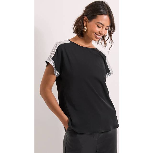 Womens Short Sleeve T-Shirt Sequin Blouse - Black - 8