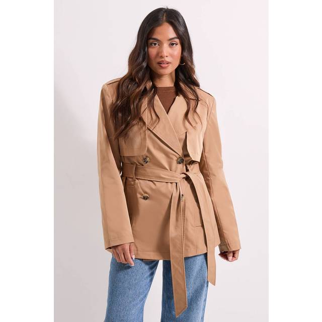 Womens Petite Double Breasted Belted Trench Coat - Camel - 10