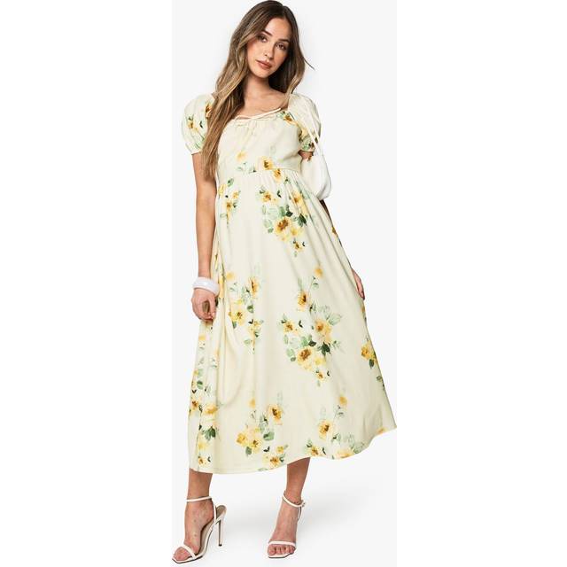 Womens Maternity Floral Milkmaid Midi Dress - Yellow - 18, Yellow