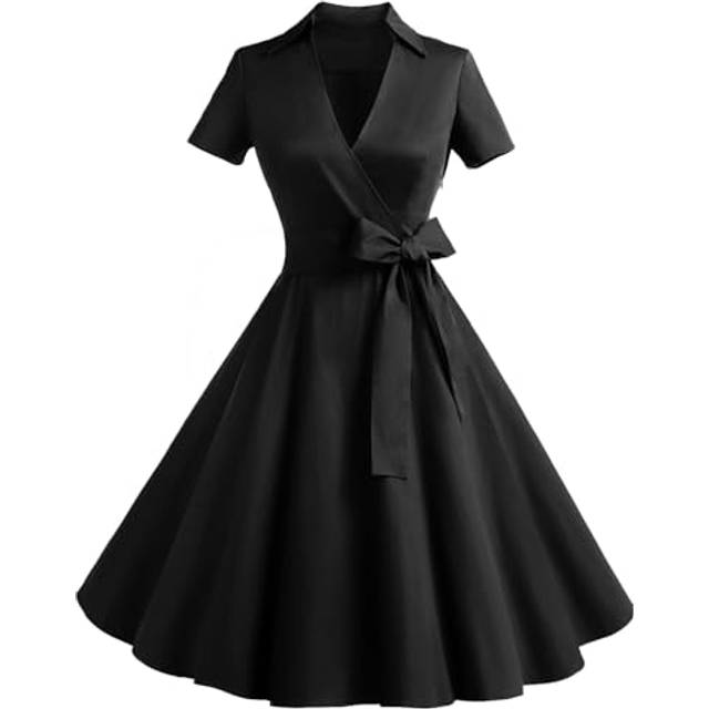 Timormode klänning 50-tal Audrey Hepburn Rockabilly Swing, veckad kortärmad klänning, svart
