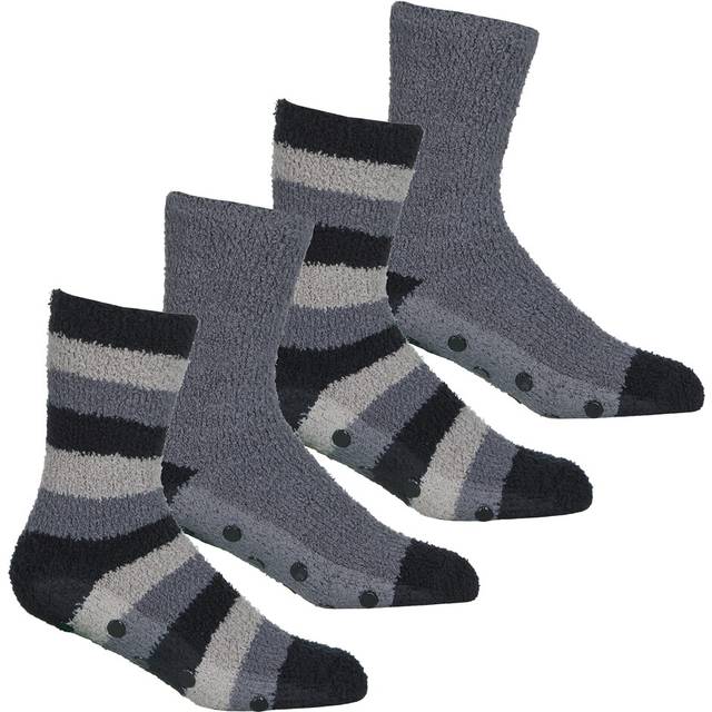 (Graphite 4 Pack, UK 6-11/US 7-12) Metzuyan 2 Pack Mens Fluffy Bed Slipper 4 Pairs Socks Non-Slip Grippers Anti Skid Grips Black Navy Grey Graphite St