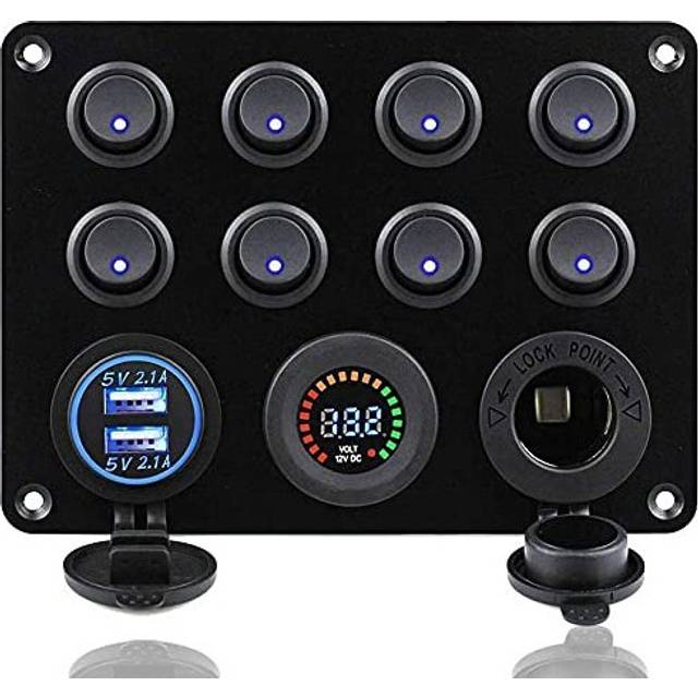 8 Gang Waterproof Toggle Switch Panel 12V Blue LED Lights Rocker Switches with Dual 42A USB Charger Socket Panel for Marine Boat Car RV