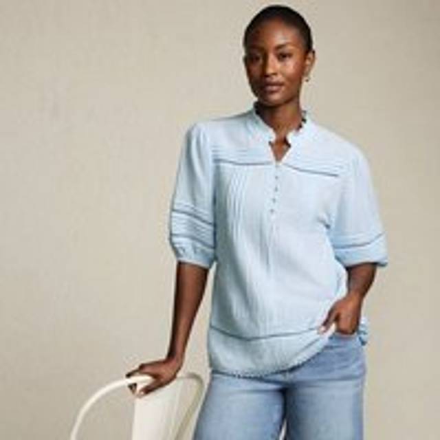 Ladder Trim Cheesecloth Popover Blouse - Blue - 16-18
