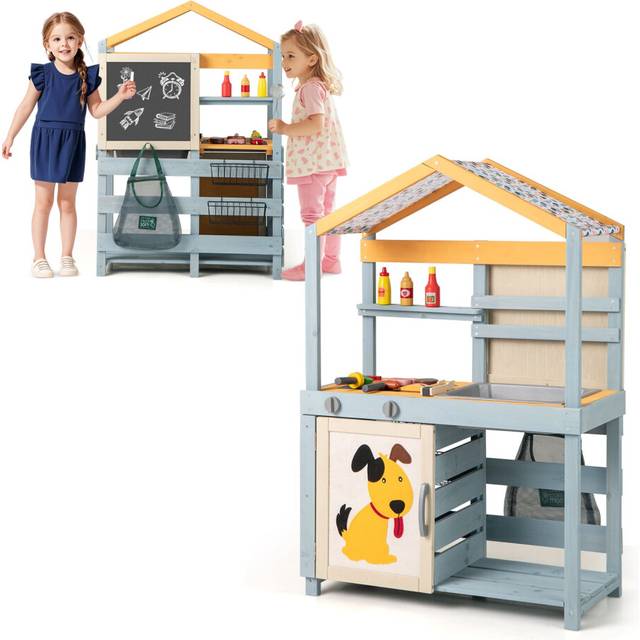 2 in 1 Wooden Mud Kitchen Outdoor Play Kitchen & Grocery Store with Removable Sink