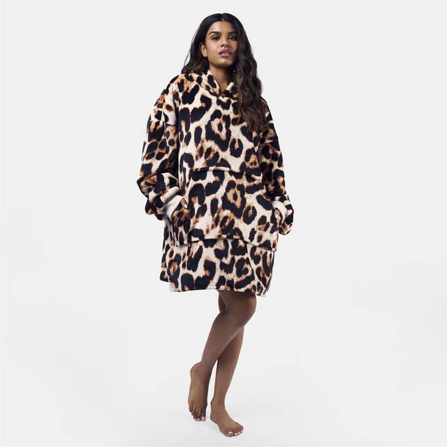 Leopard hoodie blanket sherpa fleece supersoft plush oversized throw wearable