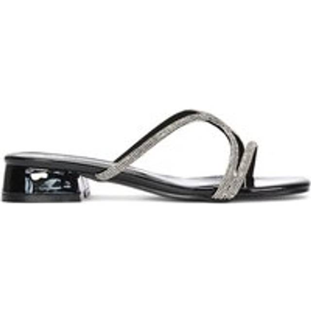 'Olivia' Strappy Low Block Heel Diamante Sandals With Square Toe - True Black - 7