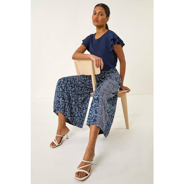Floral Print Wide Leg Culottes - Navy - 18