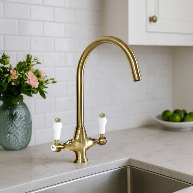 Nes Home Brushed Brass Traditional Twin Lever Kitchen Mixer