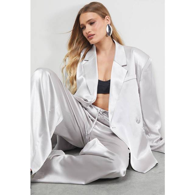 Womens Oversized High Shine Satin Blazer Co-ord - Grey - 14