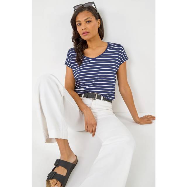 Stripe Print V-Neck Stretch Tee - Navy - 10