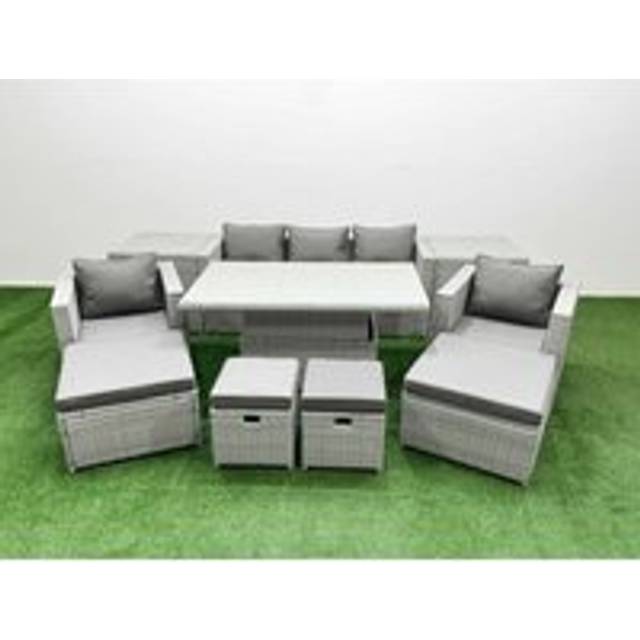 10 PCs Rising Dining Table Set Rattan Furniture Set with 3 Seater Sofa Chair 2 Big Footstools 2 Small Footstools 2 Side Tables Light Grey - Fimous