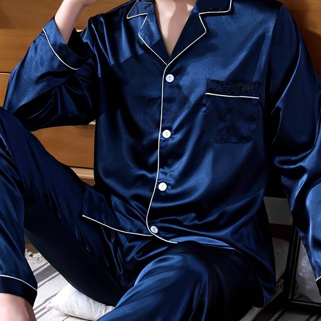 TEMU Men's Pajama Set, Two-piece Long Sleeve Sleepwear, Casual Polyester 97% With 3% Elastane, Non-stretch Woven Fabric, Loose Fit Lapel Collar, Solid Color, Fall/winter