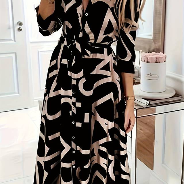 TEMU Women's Elegant V-neck Shirt Dress With Belt, Polyester 95% Elastane 5% Woven Fabric, Non-stretch, All , Button Detail, Random Print Midi Work Skirt