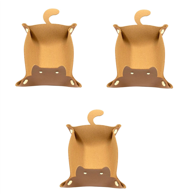 3Pcs Pad Cute Cats Shaped Leather Valet Tray, Catchall Tray Brown