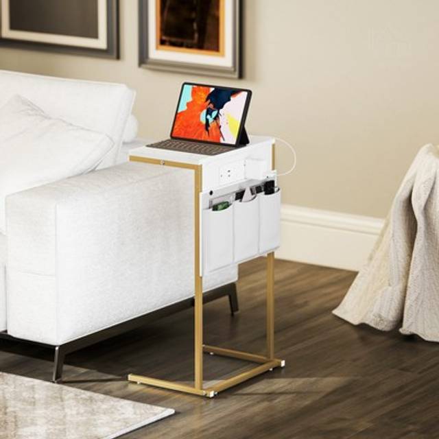 Homcom C-shaped Bedside Table With Charging Station, Marble Grain Side Table With Power Outlets & Usb Ports, Storage Bags, For Bedroom, Living Room, W
