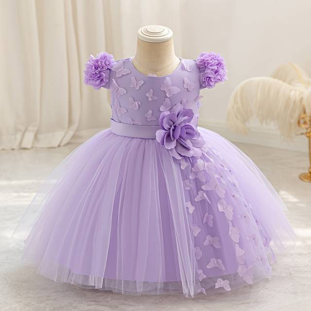 TEMU Baby's Decor Mesh Splicing Princess Dress, Infant & Toddler Girl's Clothing For Formal /birthday Party/photography