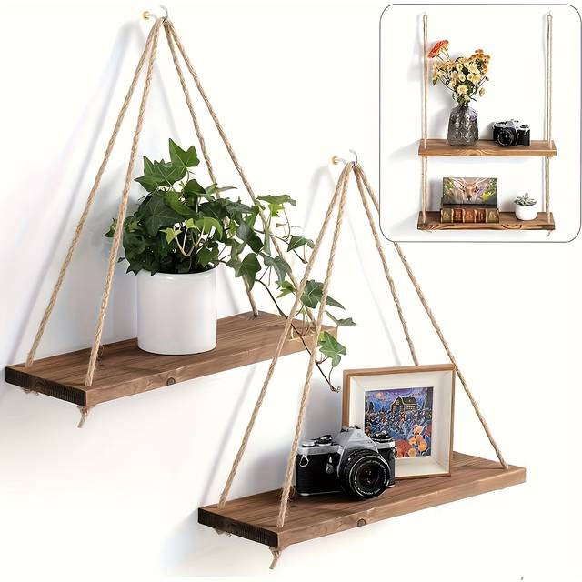 TEMU Rustic Wooden Hanging Shelf, Modern Rectangular Floating Plant Stand, Lightweight Indoor Garden Decor With Rope Wall-mounted Storage Cabinet, Suitable For Living Room Storage