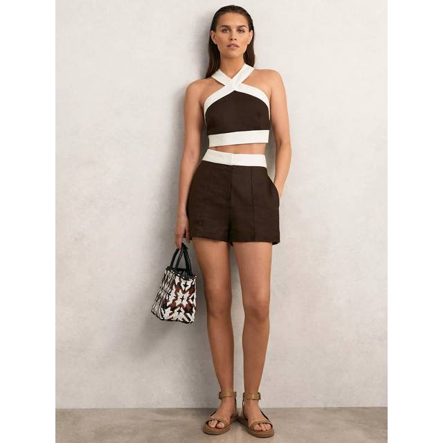 Reiss Rebecca Colour Block Pure Linen Shorts, Chocolate/Cream
