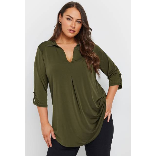 Yours Plus Size Khaki Green Collared Pleat Front Swing Top Size 26-28