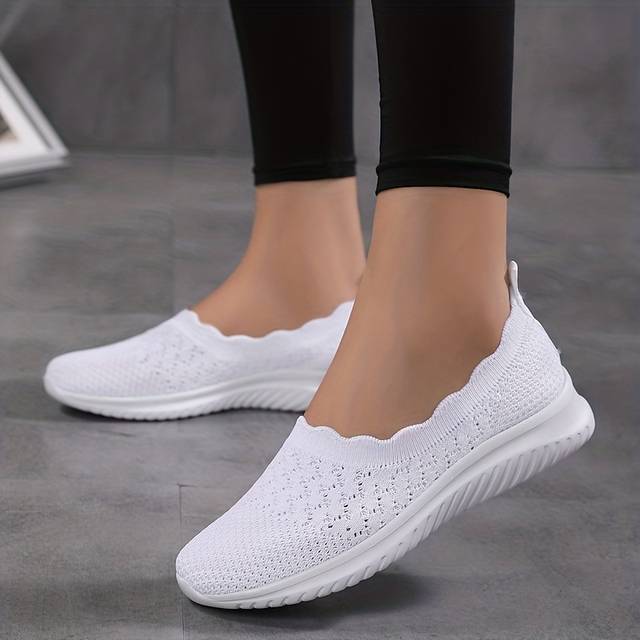 TEMU Breathable White Plus-size Women's Slip-on Sneakers - Soft Sole, Knit Upper, Casual Walking Shoes, , Sizes 6