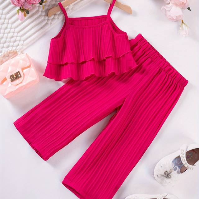 TEMU Girls' 2pcs Summer Outfit Set, Fashion Solid Color Sleeveless Ruffle Top With Spaghetti Strap & Loose Wide-leg Pants, Polyester 100%, Casual , Woven Fabric, - Valentine's Day, For Outdoor