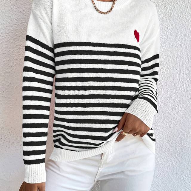 TEMU Women's Elegant Striped Sweater With Red Heart Detail - Black & White Contrast Round Neck Pullover, Versatile Top For Casual Or Formal Wear