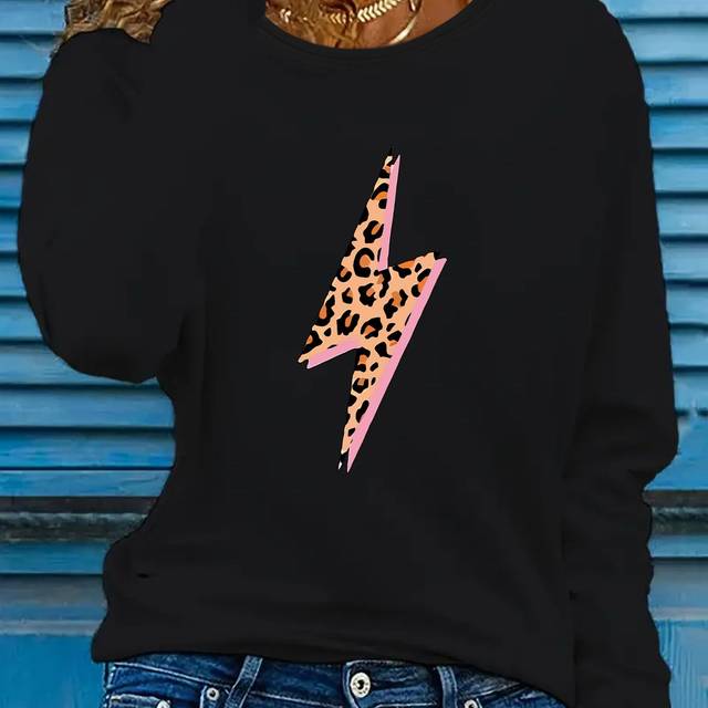 TEMU Lightning Bolt Leopard Print Long Sleeve T-shirt For Women - Soft Polyester Blend, Casual Crew Neck, Spring/summer Fashion Top, Machine Washable