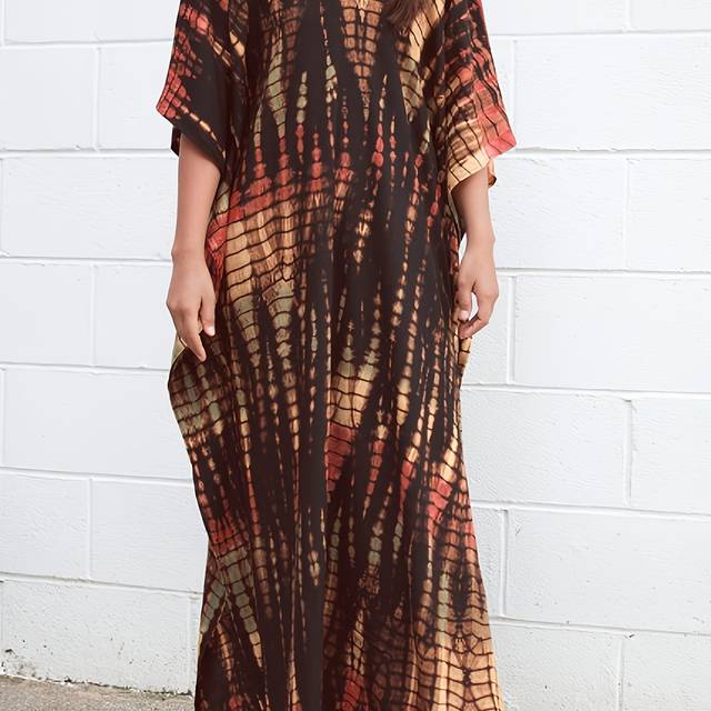 TEMU Plus-size Printed Beach Cover-up, Long Robe-style Vacation Sun Protection Shirt, Bikini Cover-up.