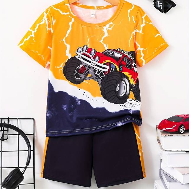 TEMU Boys' Donabebe Summer Outfit Set - Vibrant Monster Truck Print Short Sleeve T-shirt & Black Shorts, Casual Polyester Blend 1-8, Donabebe, Outdoor