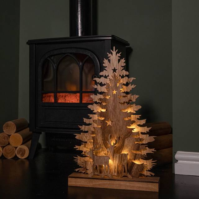 44cm Battery Operated Light up Wooden Christmas Tree with Deer and 16 Warm White LEDs