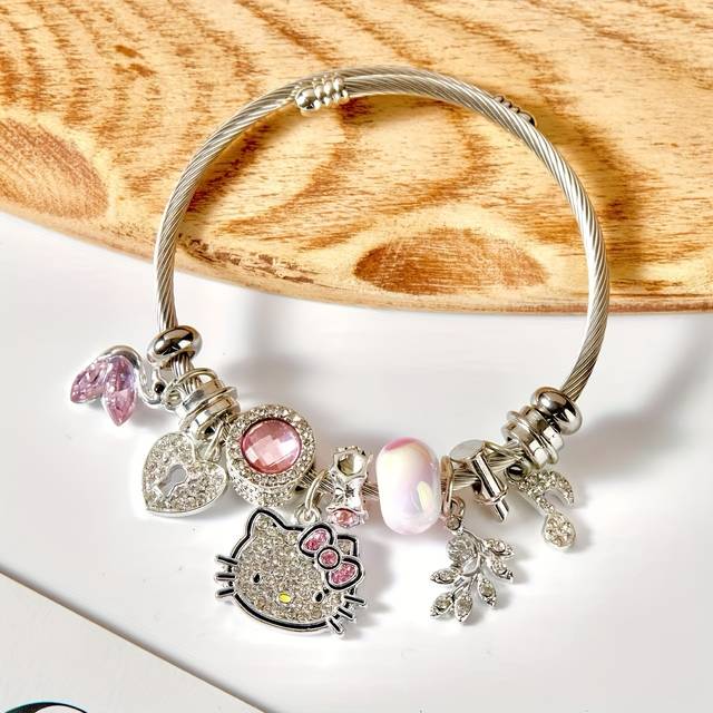 TEMU Hello Kitty Bracelet For - Sparkling Jewelry With Cut-out Heart & Triangle Charms | Perfect Birthday Gift For Best Friend, For Teenager