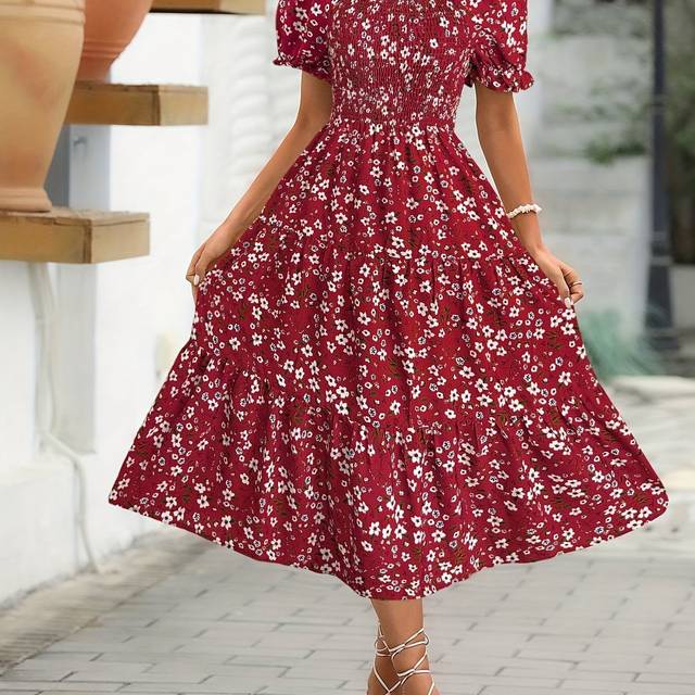 TEMU Women's Elegant Floral Print Midi Dress With Ruffle Sleeves & Tiered Skirt - Square Neck, Cinched Waist, Lightweight Polyester For Spring/summer, Casual To Semi-formal Wear, Floral Dress