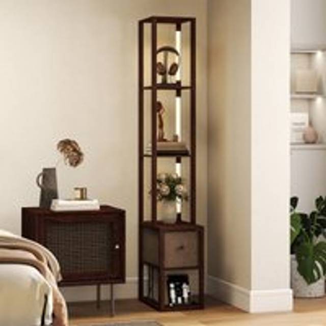 (Brown) HOMCOM Floor Lamp with Shelves, LED Standing Lamp with Fabric Drawer